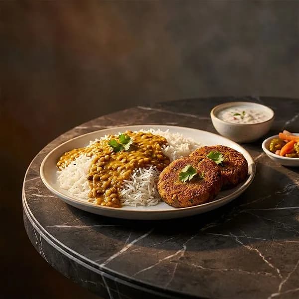Daal Chawal with Vegetable Shami Kebab